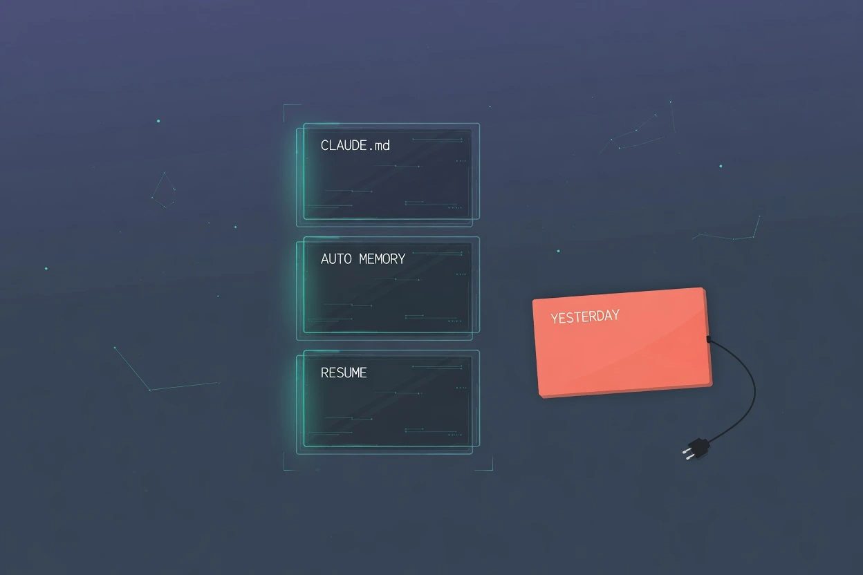 Dark HUD stack of three thin cards lettered CLAUDE.md, AUTO MEMORY, and RESUME, with a coral YESTERDAY card unplugged beside them