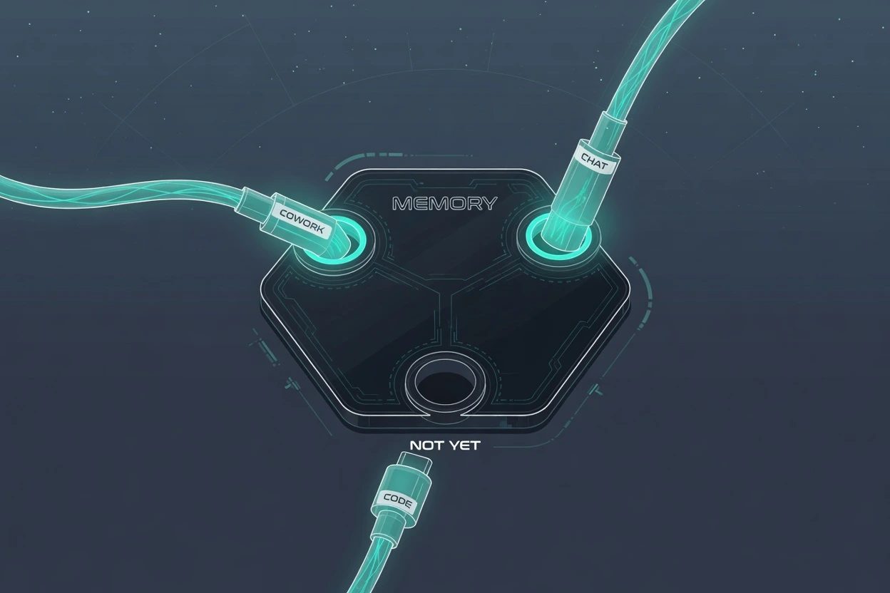 Dark HUD hub with CHAT and COWORK docked into MEMORY, a CODE cable hanging beside an empty socket lettered NOT YET