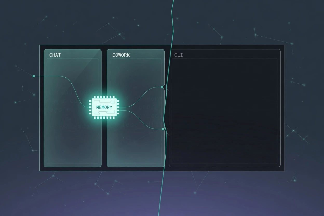 Dark HUD split, teal CHAT and COWORK panes sharing a glowing MEMORY file, a dark CLI pane sitting unlit on the right