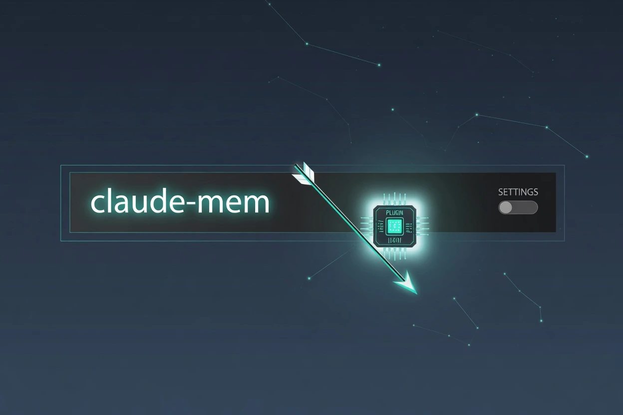 Dark HUD search bar lettered claude-mem pointing at a lit plugin chip, with an unused SETTINGS toggle dim on the right