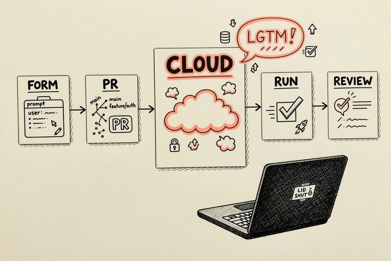 Cream legal pad sketch of five cards labeled FORM, PR, CLOUD, RUN, and REVIEW, with a dark closed laptop under CLOUD marked LID SHUT