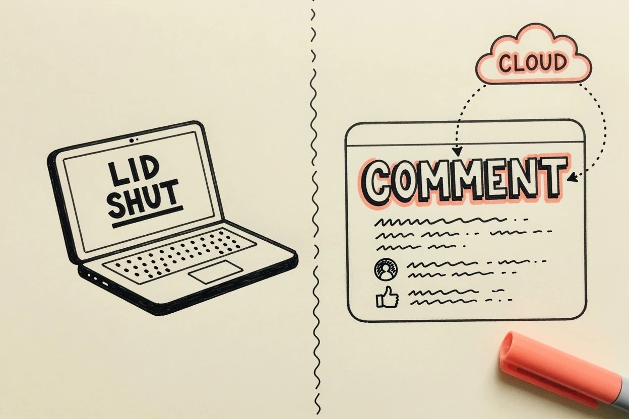 Split sketch of a dark closed laptop labeled LID SHUT beside a COMMENT review card stamped CLOUD