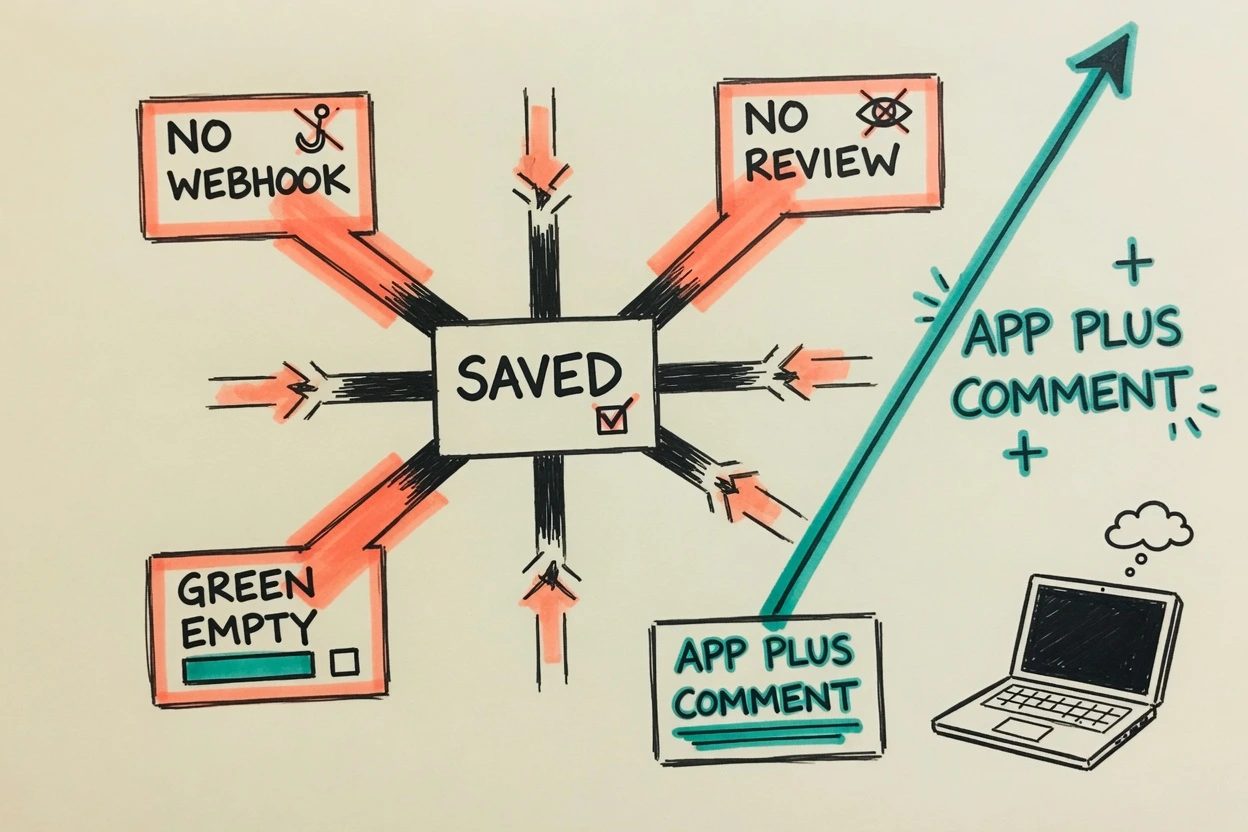 Hub sketch with a SAVED card and three coral spokes to NO WEBHOOK, NO REVIEW, and GREEN EMPTY, plus a teal APP PLUS COMMENT path