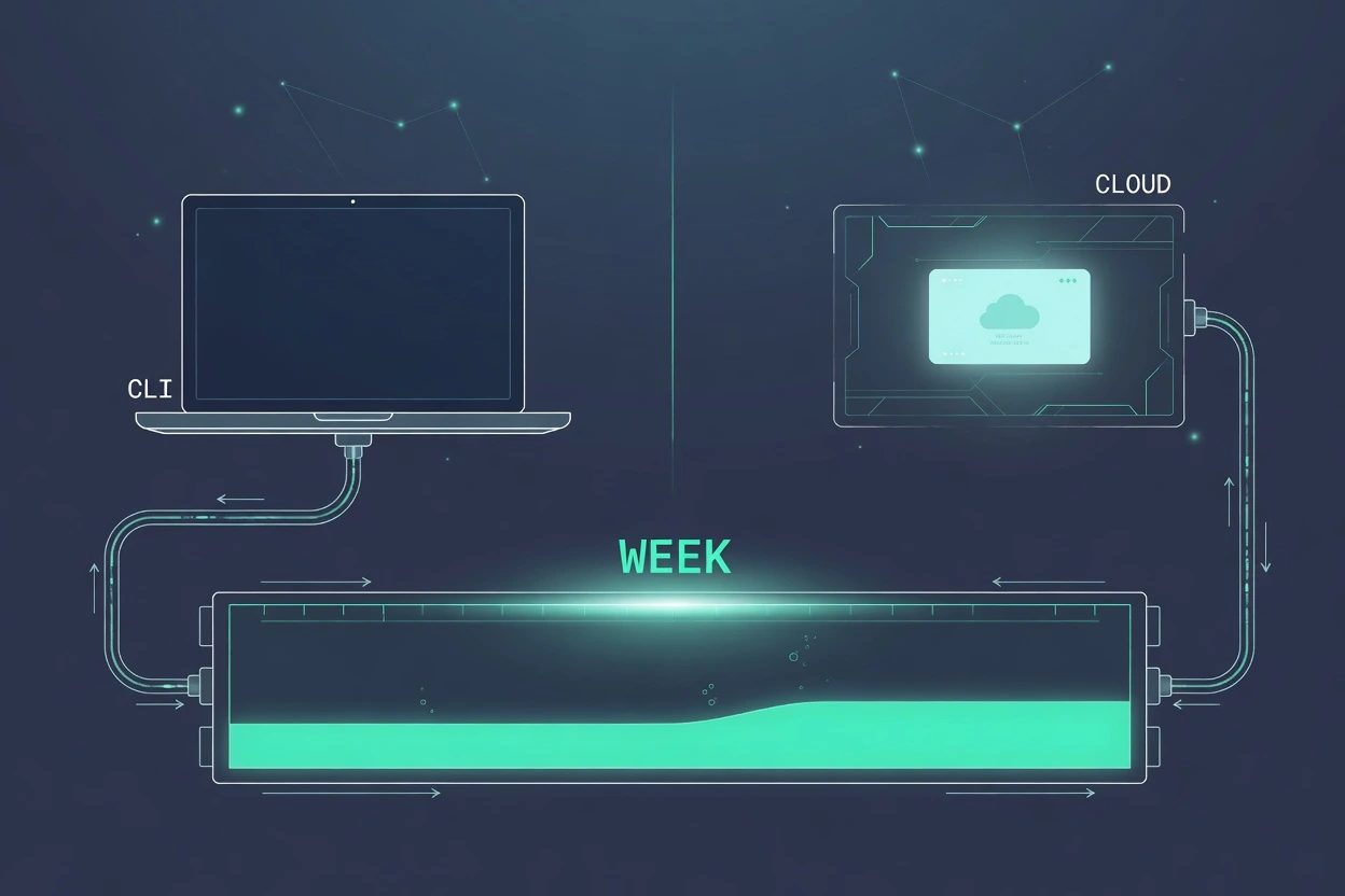 Dark split panel with a muted closed laptop on the left, a lit cloud session card on the right, and one teal WEEK tank draining from both
