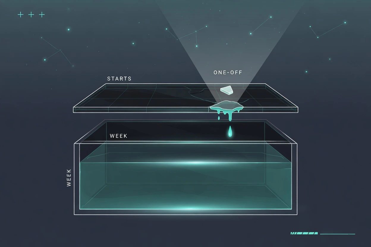 Two stacked glass slabs, a short STARTS counter on top and a deeper WEEK tank below, with a ONE-OFF chip dropping into the lower tank