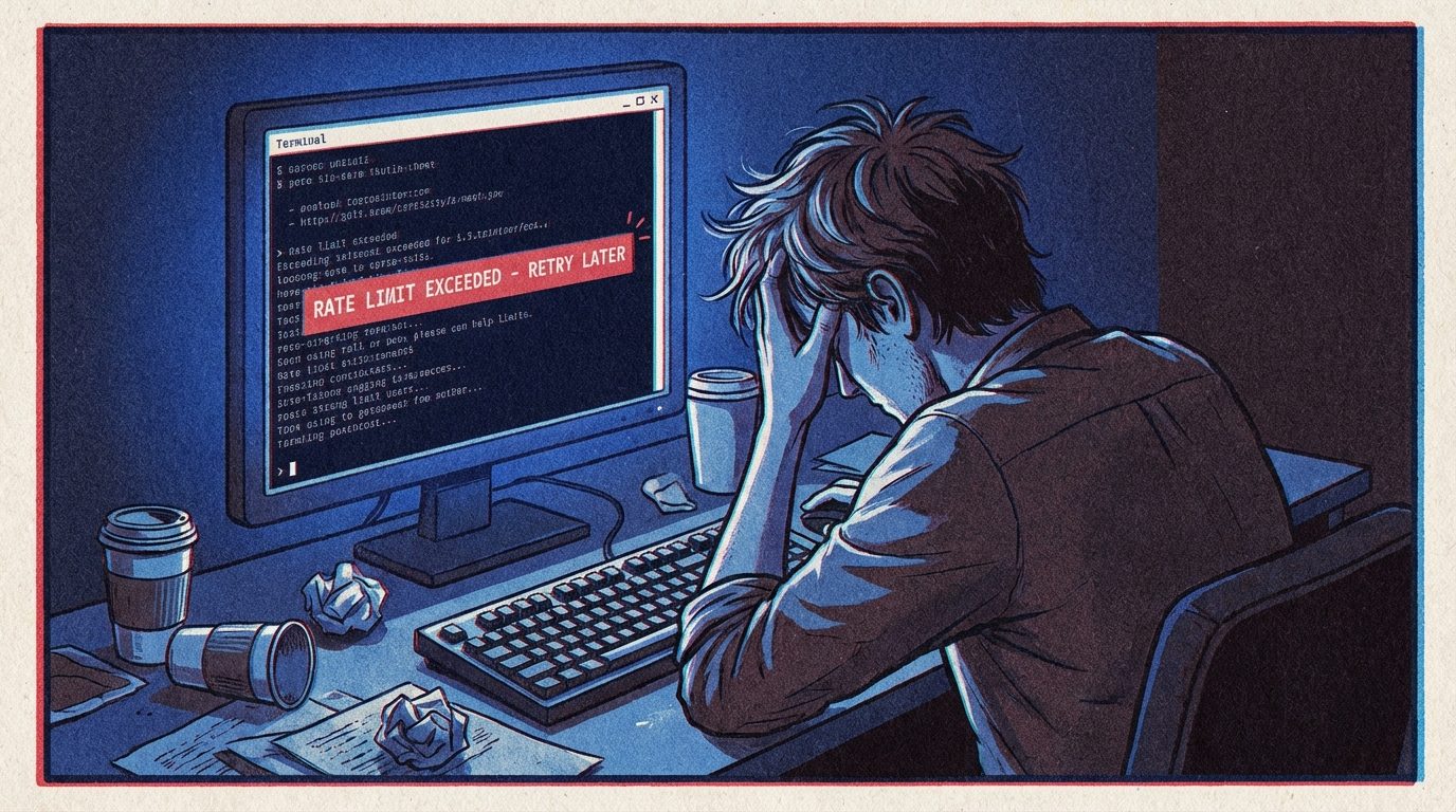 Developer staring at a rate limit warning on their terminal