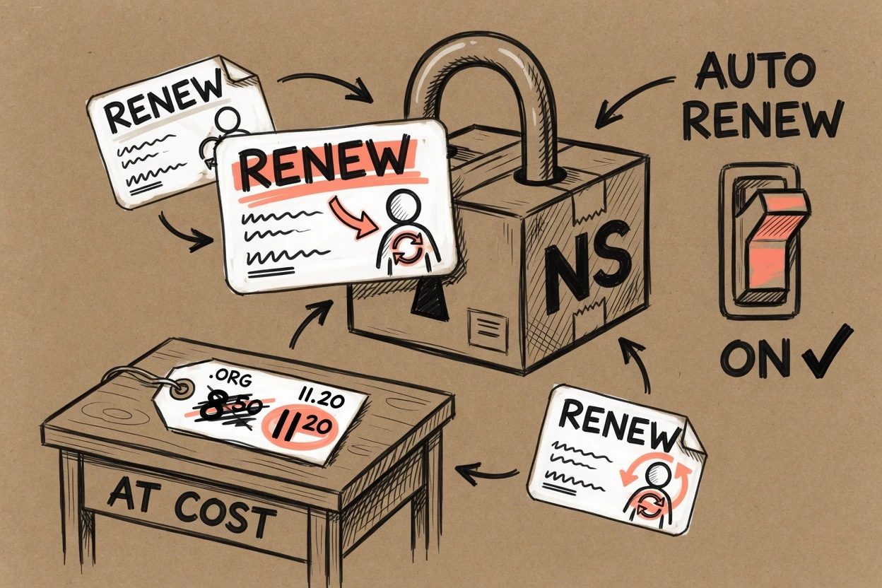 Kraft sketch of an at-cost desk with a padlock on the nameserver box, a .org tag with 8.50 crossed out and 11.20 highlighted, and an auto-renew toggle on