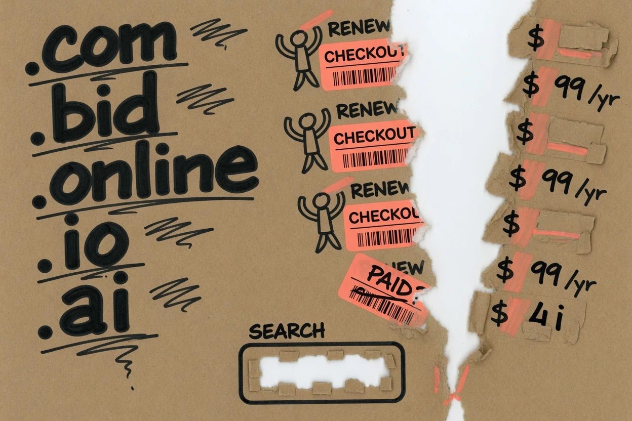 Kraft-paper menu of TLD names with the price column torn off, torn stubs remaining, and a small search box as the only way to see a number