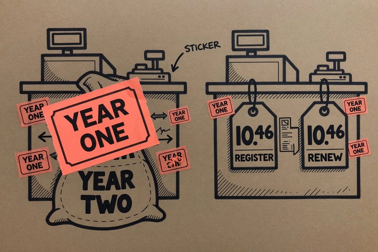 Two kraft checkout counters, the left waving a YEAR ONE sticker over a fat YEAR TWO bag, the right showing the same number twice for register and renew