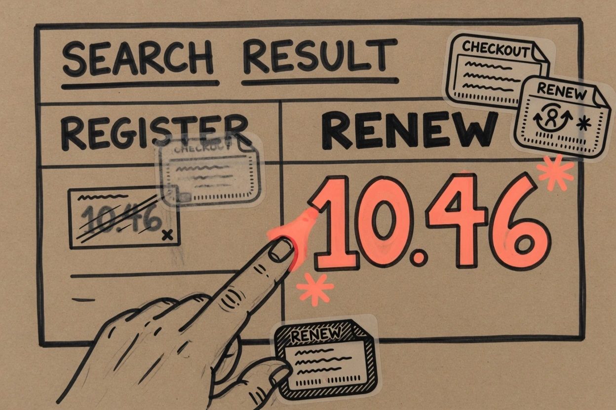 Kraft search-result card with a finger pointing at the renew number first while the register number sits dimmer to the left