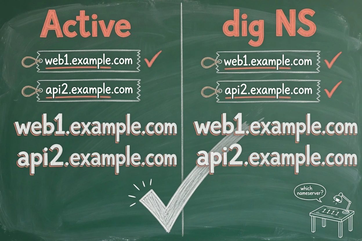 Two matching chalkboard panels, dashboard Active on the left and dig NS on the right with the same two hostname tags, a small 1.1.1.1 desk off to the side