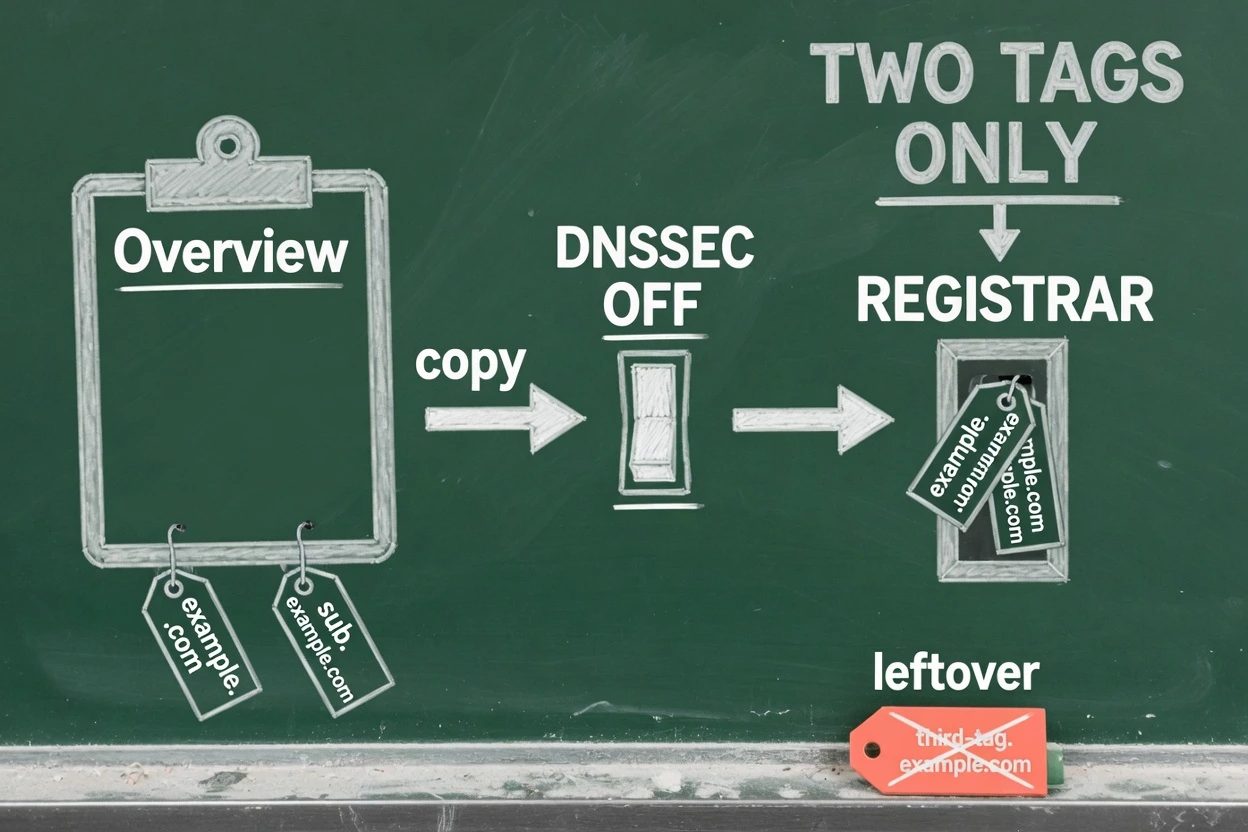 Green chalkboard split, a public desk labeled 1.1.1.1 on the left, two locker tags on ns.cloudflare.com on the right, a coral X over a 1.1.1.1 slip in a registrar slot