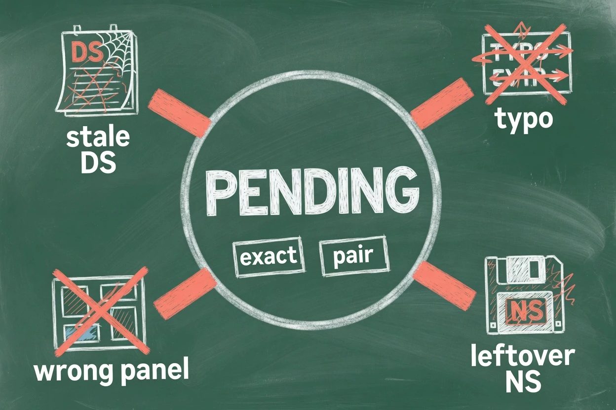 Green chalkboard hub labeled Pending with four coral branches for typo, leftover NS, wrong panel, and stale DS, white chalk pair at the center
