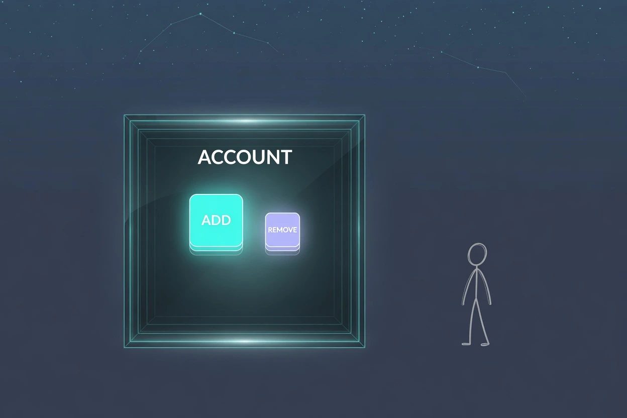 A large ACCOUNT drawer with ADD and REMOVE chips, a small dim AGENT silhouette with no path in