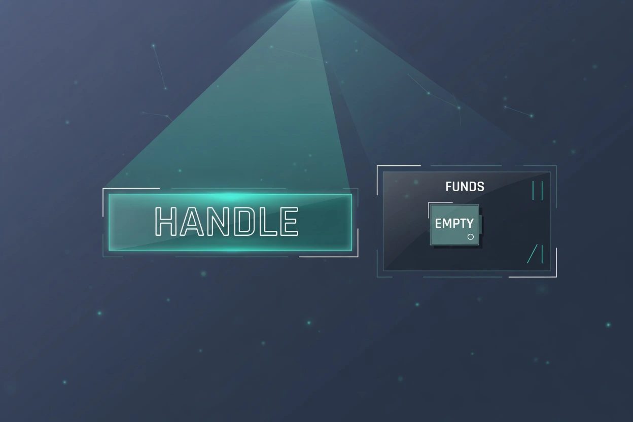A bright HANDLE glass nameplate beside a dim FUNDS slot marked EMPTY
