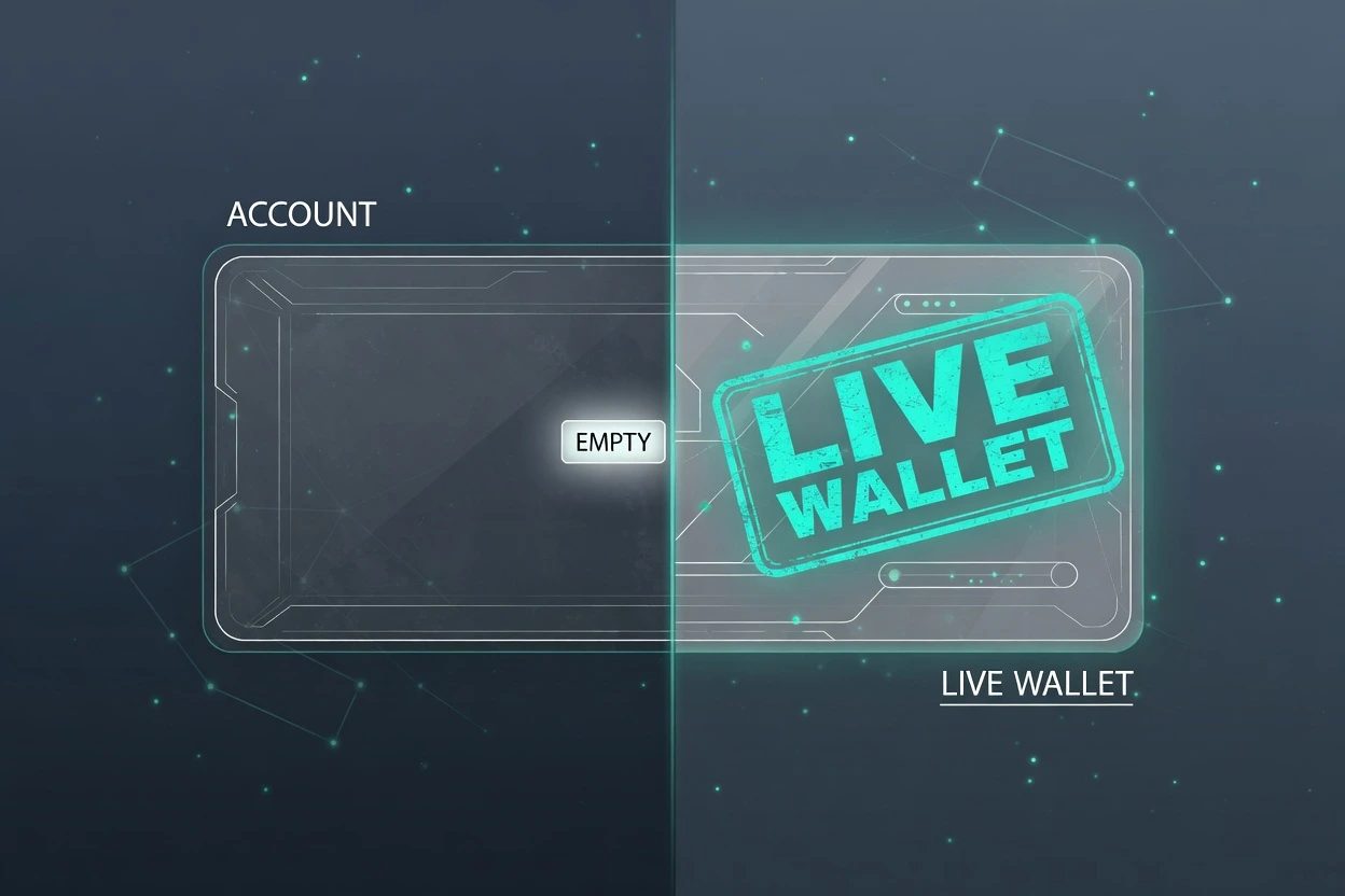 Split HUD with a dim ACCOUNT drawer marked EMPTY on the left and a glowing LIVE WALLET stamp on the right