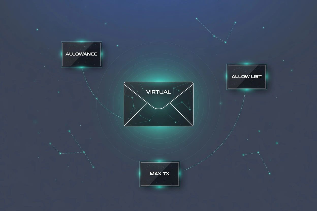 A VIRTUAL envelope at the center with three orbiting chips lettered ALLOWANCE, ALLOW LIST, and MAX TX