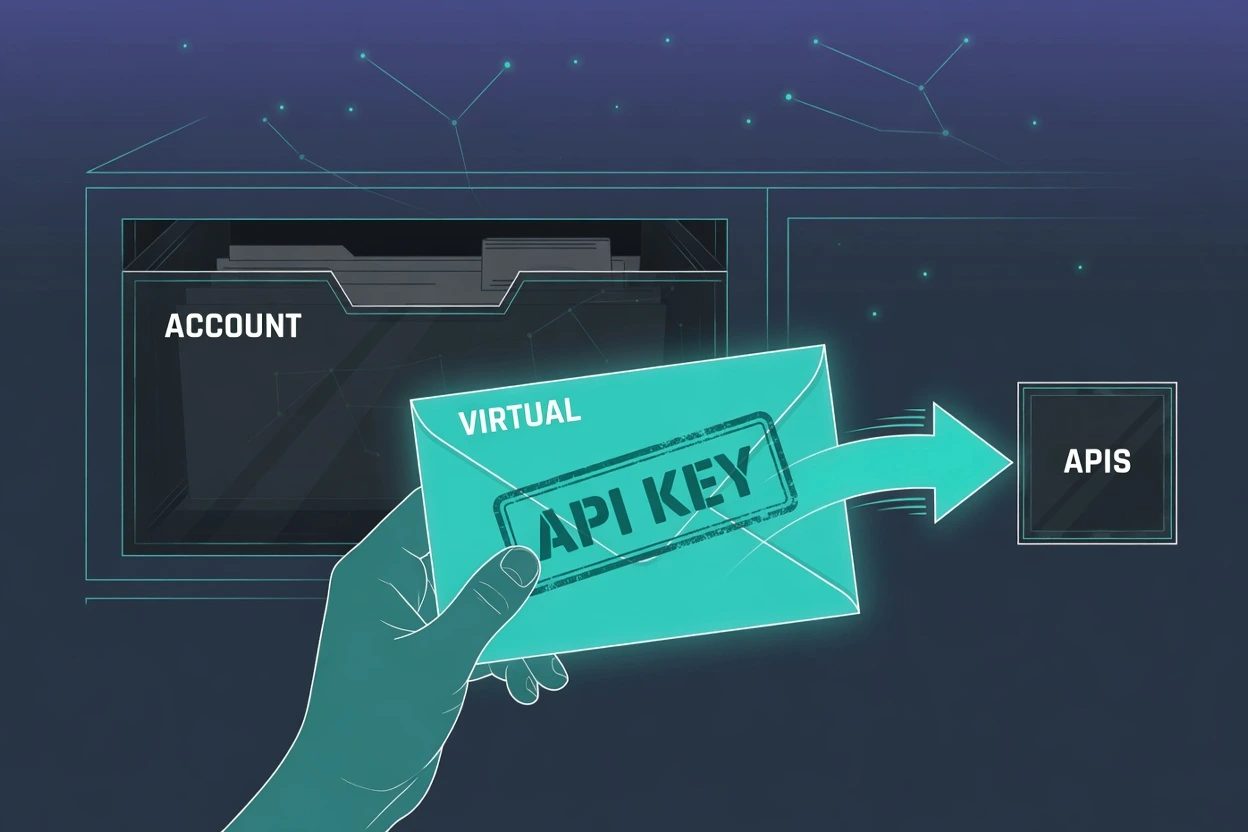 A dim ACCOUNT drawer behind a glowing VIRTUAL envelope stamped API KEY, with a teal path to APIS