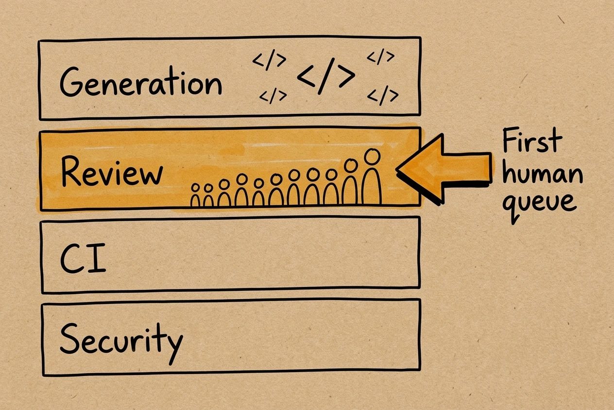 Kraft paper sketch of stacked bands for Generation, Review, CI, and Security, with an amber arrow marking Review as the first human queue