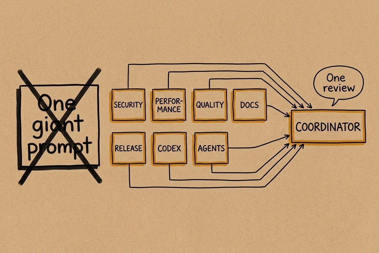 Seven specialist review boxes converging into one Coordinator that posts a single review, with a crossed-out giant prompt nearby