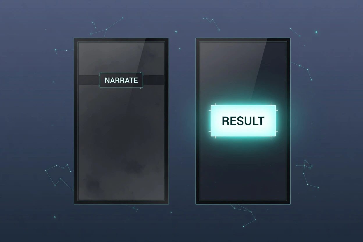 Split glass panels, muted NARRATE on the left and a lit RESULT chip on the right
