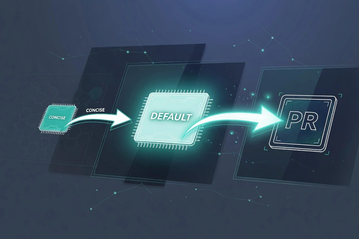 A CONCISE chore chip then a lit DEFAULT chip feeding a PR stamp