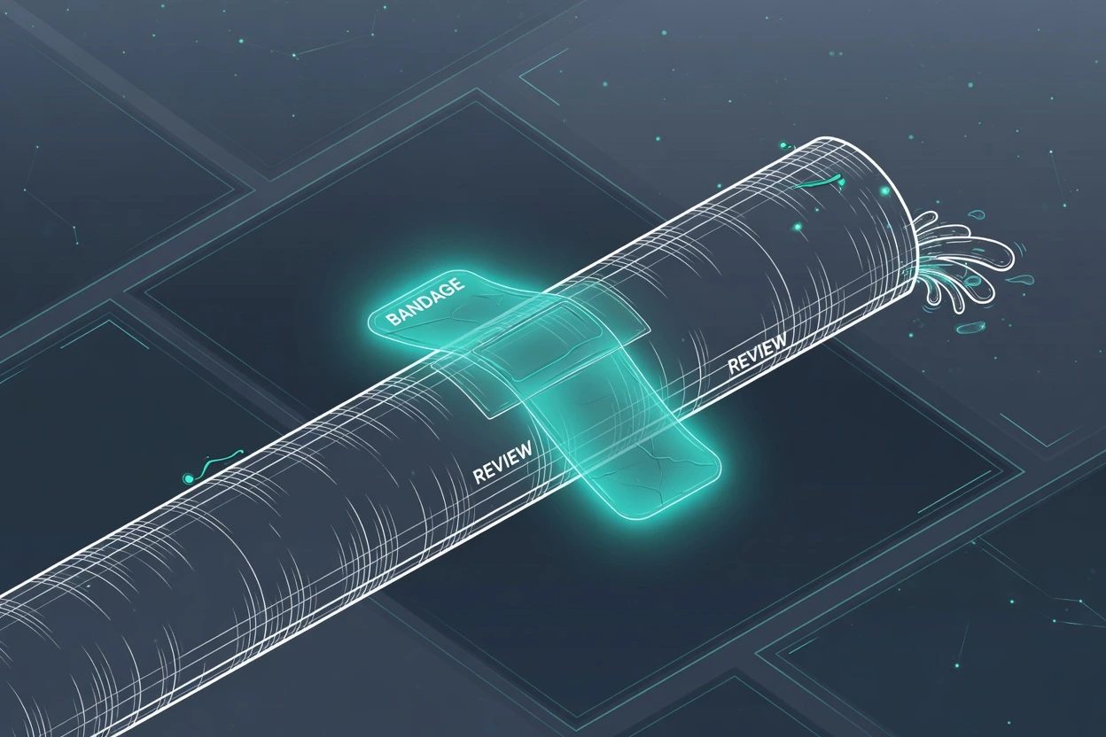 A teal BANDAGE strip taped over a jammed REVIEW pipe on a slate instrument panel