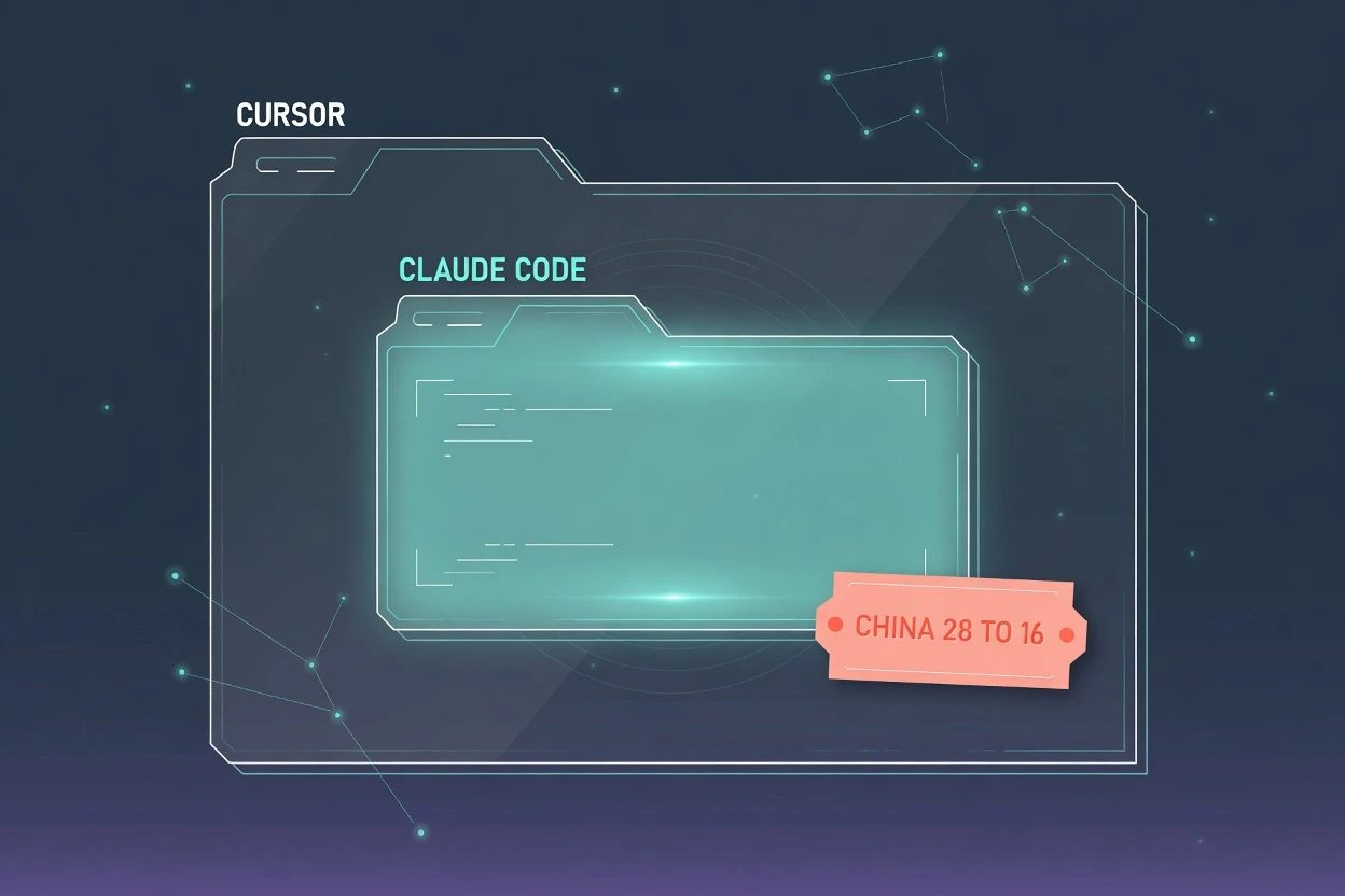 Muted Cursor window with a glowing Claude Code tab inside it and a coral China tag reading 28 to 16