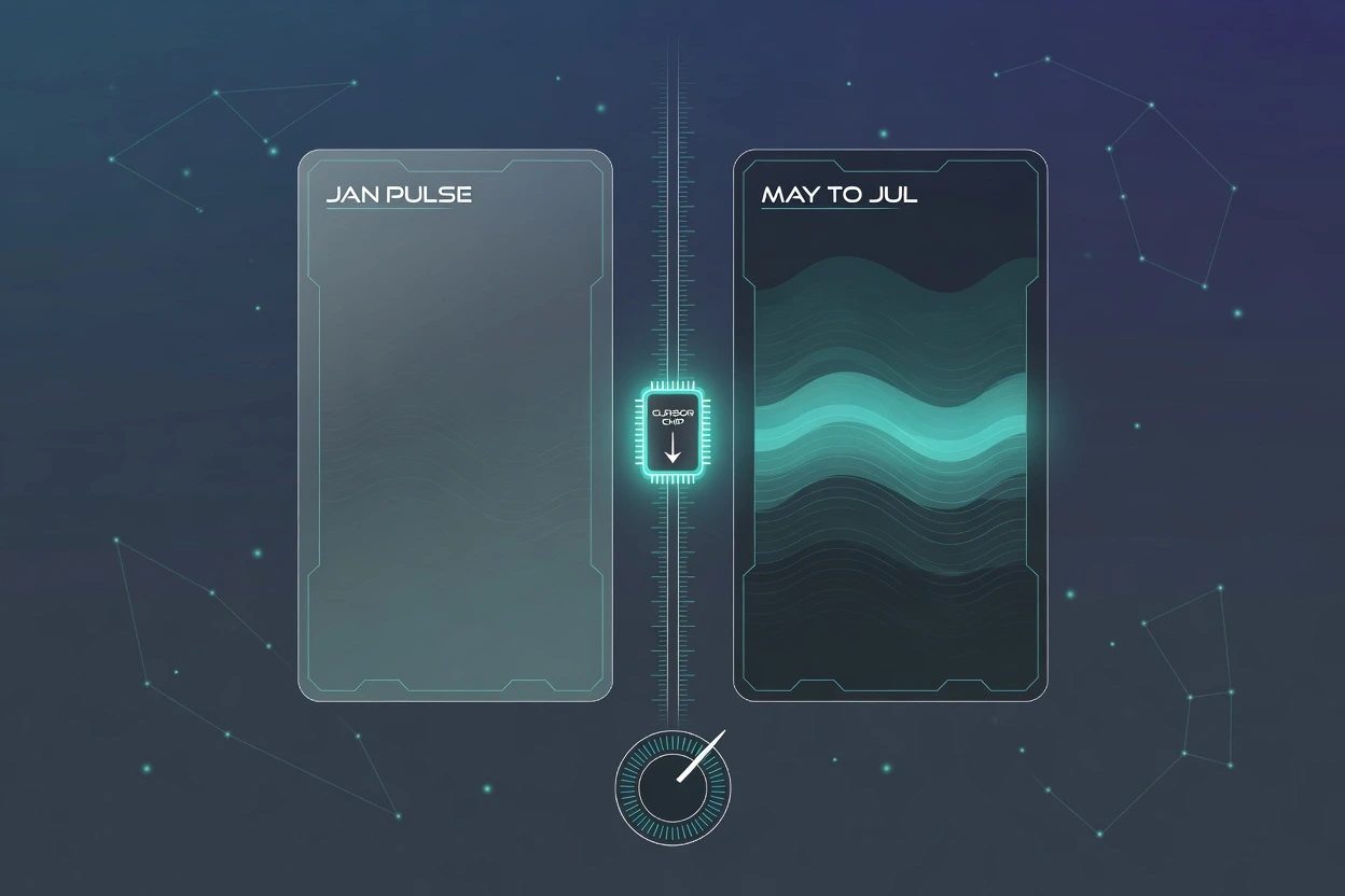 Slate HUD split of two survey-wave cards, Jan Pulse and May to Jul, with a Cursor chip sliding down a work-usage rail