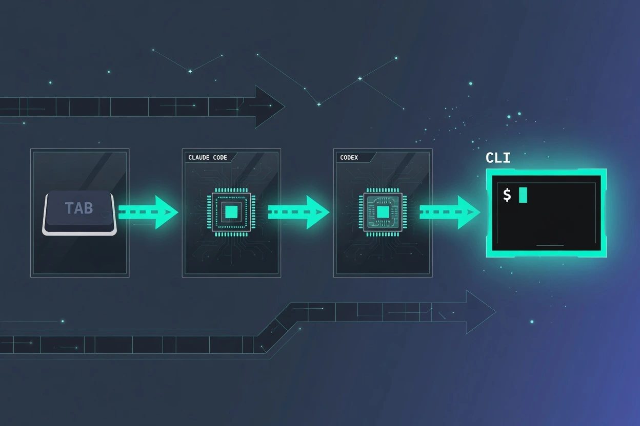 Slate HUD pipeline from a dim editor tab key to a lit terminal prompt marked CLI, with Claude Code and Codex on the glowing path