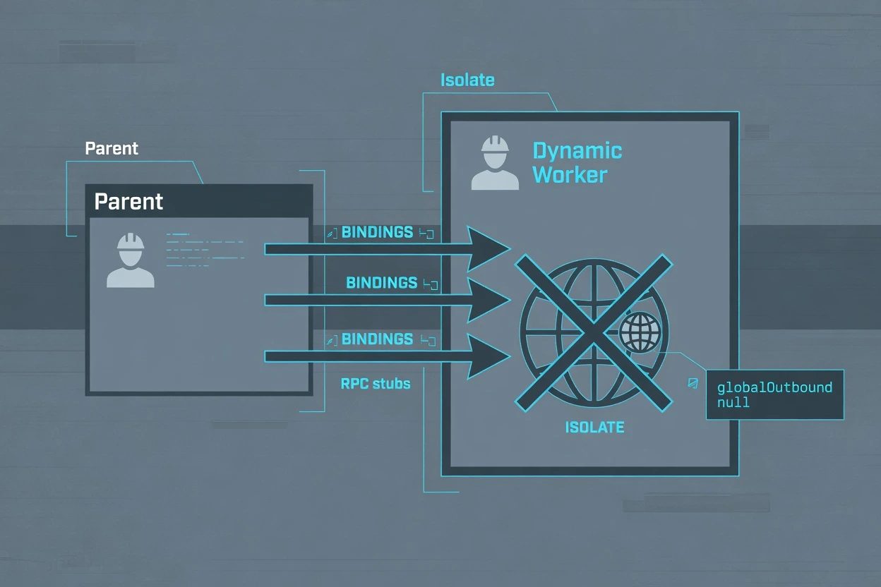 Parent Worker grants an isolate RPC bindings while direct network access is blocked