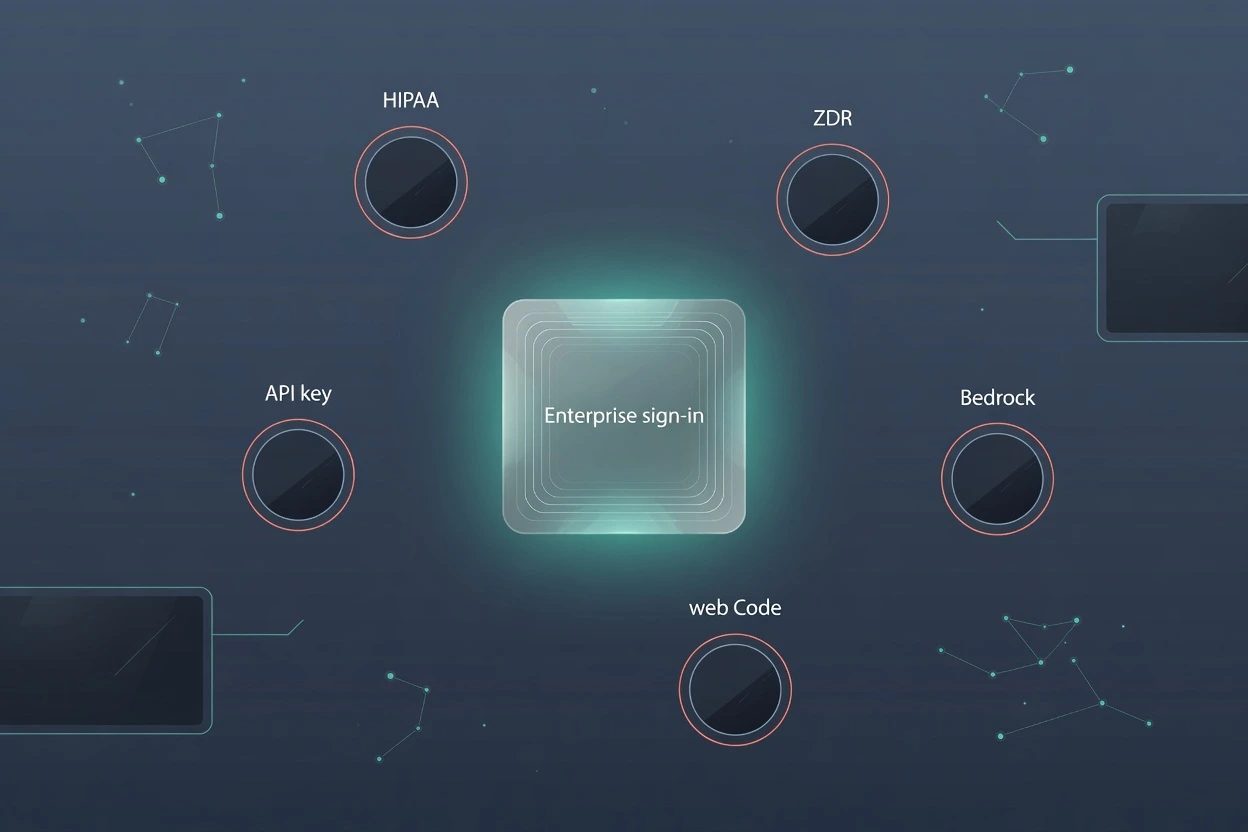 A bright center chip labeled Enterprise sign-in. Five dim coral-rimmed holes around it labeled HIPAA, ZDR, API key, Bedrock, and web Code.