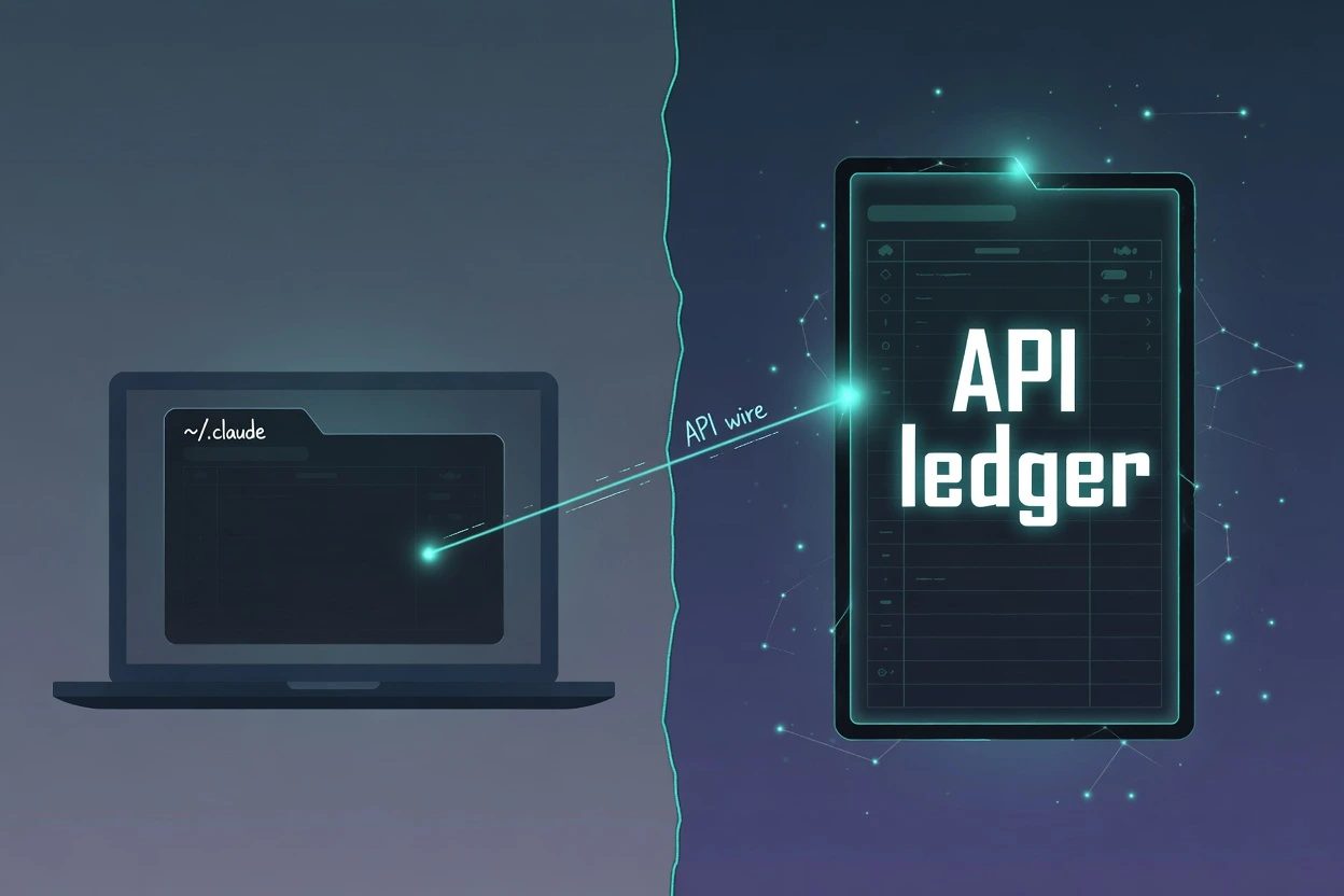 Split slate panel. A dim laptop folder labeled ~/.claude on the left, a lit glass ledger labeled API ledger on the right, joined by a teal wire.