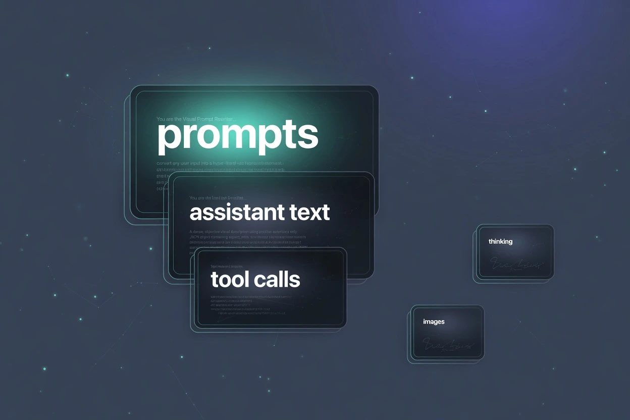 Stacked glass cards labeled prompts, assistant text, and tool calls in teal. Dim chips to the side read thinking and images.