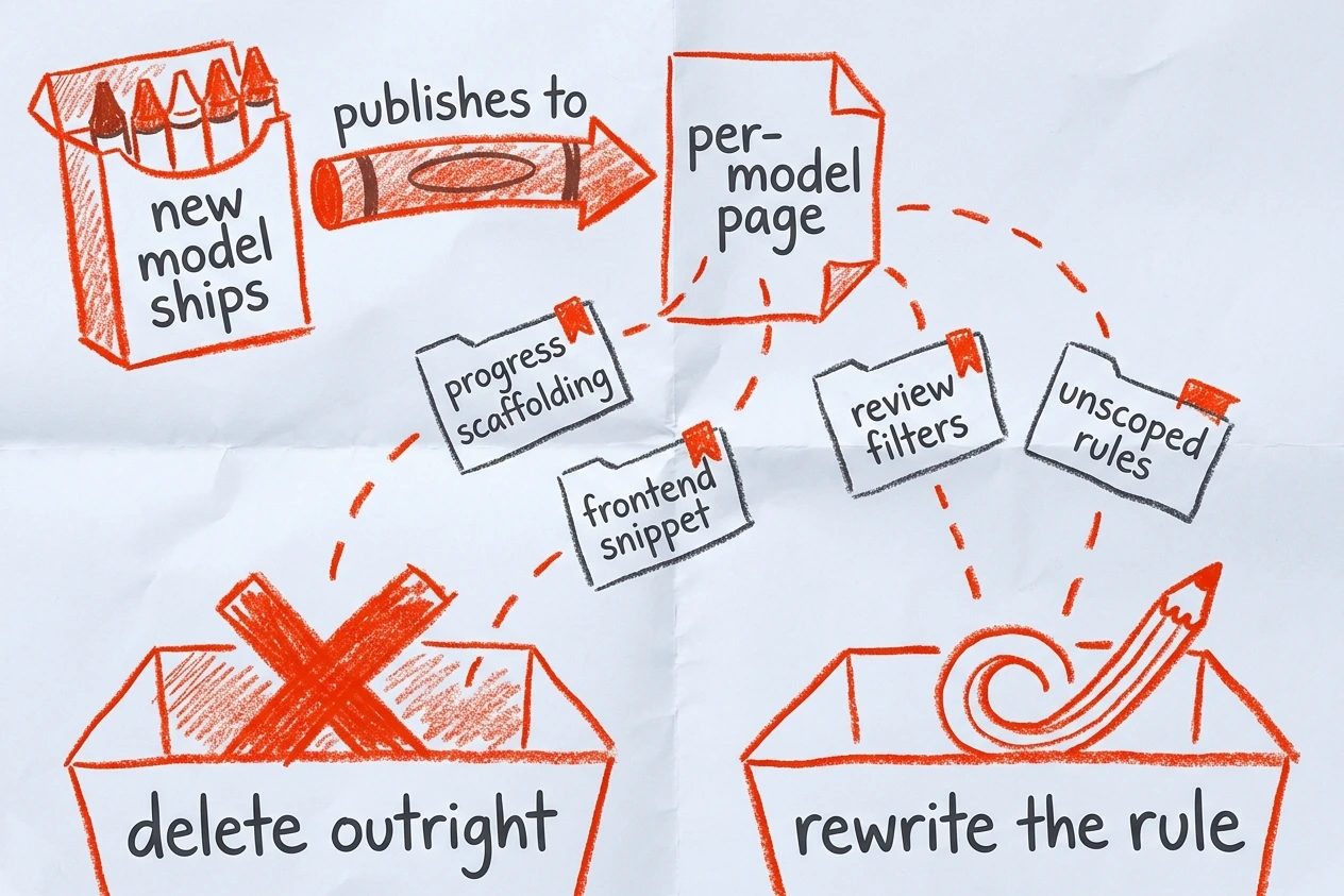 Hand-drawn sorting scene in wax crayon. A box lettered new model ships feeds a page that flags four cards, progress scaffolding, frontend snippet, review filters, unscoped rules. The cards fall toward two bins lettered delete outright and rewrite the rule.