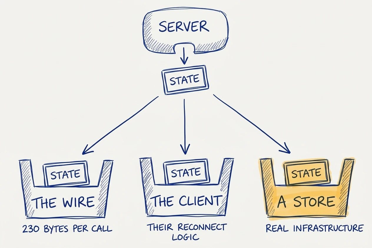 A box marked state dropping out of a server and falling along three arrows into three open containers labelled the wire, the client and a store, each holding an identical copy of the same state box, with the store drawn in amber.