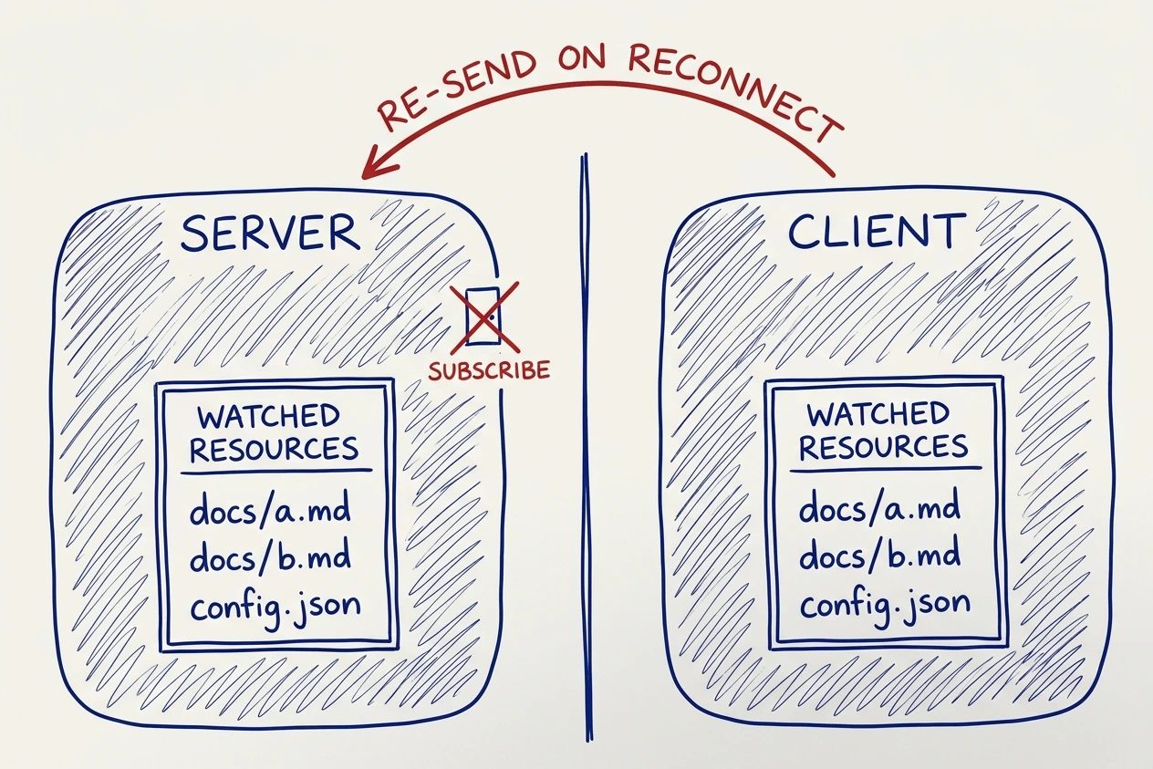 The same box of watched resource URIs drawn twice, once inside a container marked server and once inside a container marked client, with a red arrow curving back from client to server labelled re-send on reconnect and the server's subscribe door crossed out in red.