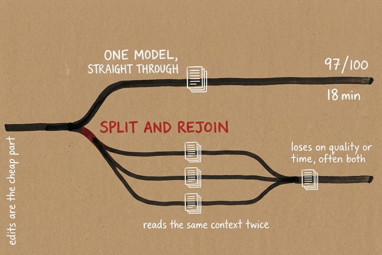 A single path forks. The upper branch runs straight through to a score of 97 out of 100 in 18 minutes, while the lower branch splits into three lanes that each re-read the same pages before rejoining.