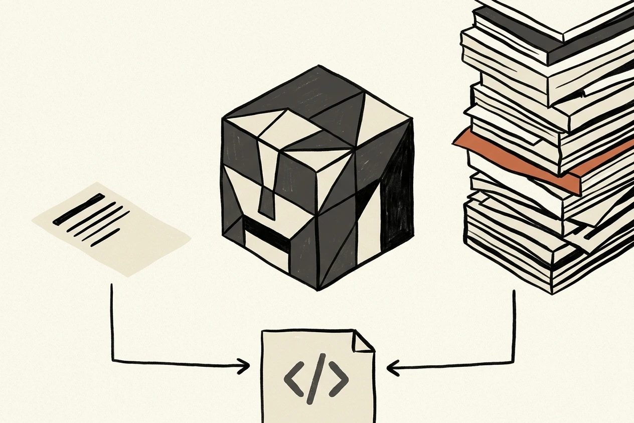 A model cube sits between a short instruction strip and a tall overflowing paper stack, both arrows pointing to one task card