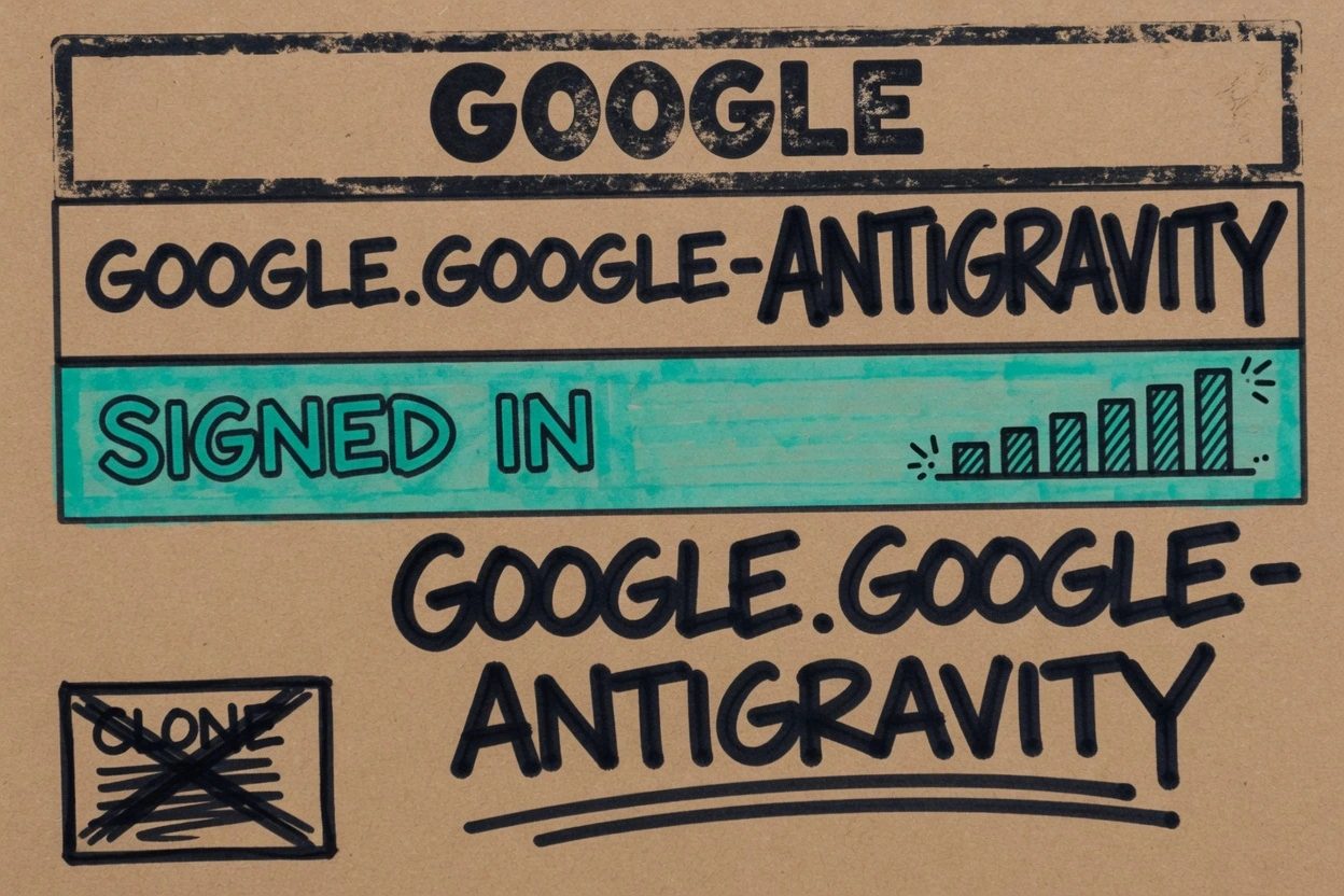Kraft-paper stacked receipt with publisher GOOGLE, identifier GOOGLE.GOOGLE-ANTIGRAVITY, a teal SIGNED IN stamp, and a crossed-out CLONE card in the corner