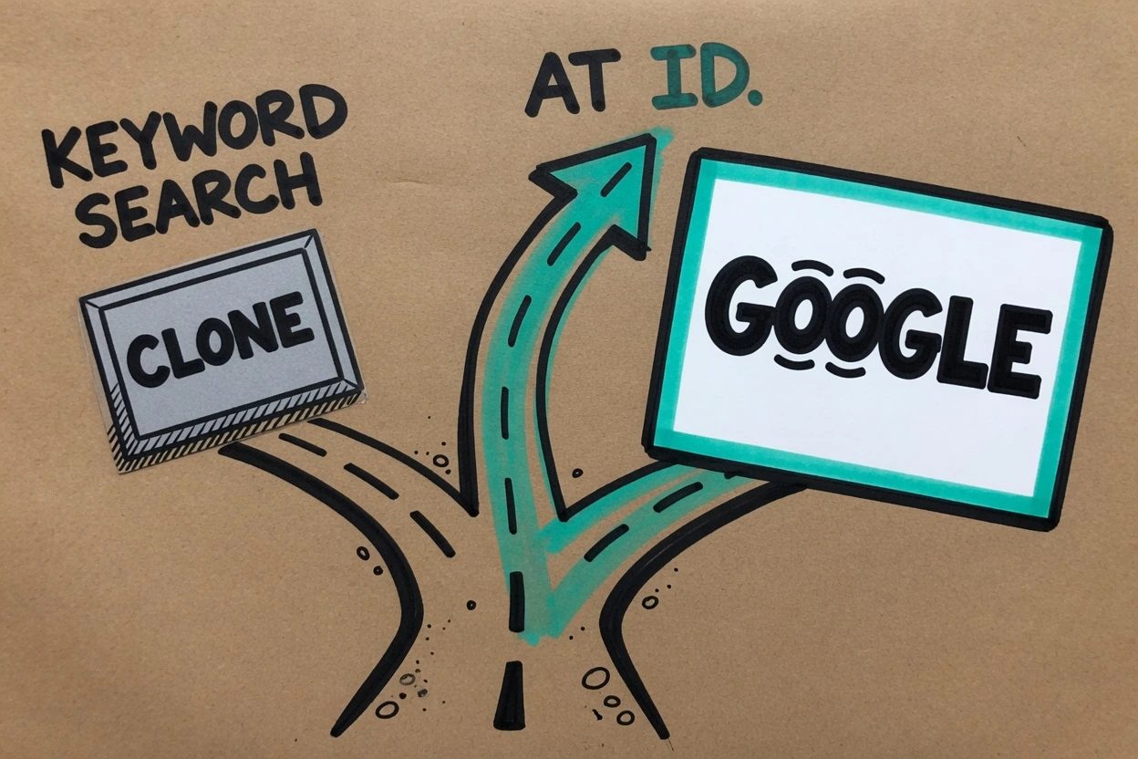 Kraft-paper sketchnote of a VS Code window stamped 1.90 PLUS, a Google account chip stamped FREE TIER OK, and a smaller GEMINI ENTERPRISE card off to the side