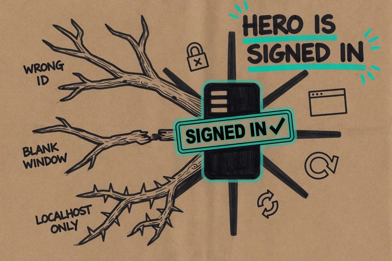 Kraft-paper hub with three dead branches labeled WRONG ID, BLANK WINDOW, and LOCALHOST ONLY, and a teal SIGNED IN icon at the live center