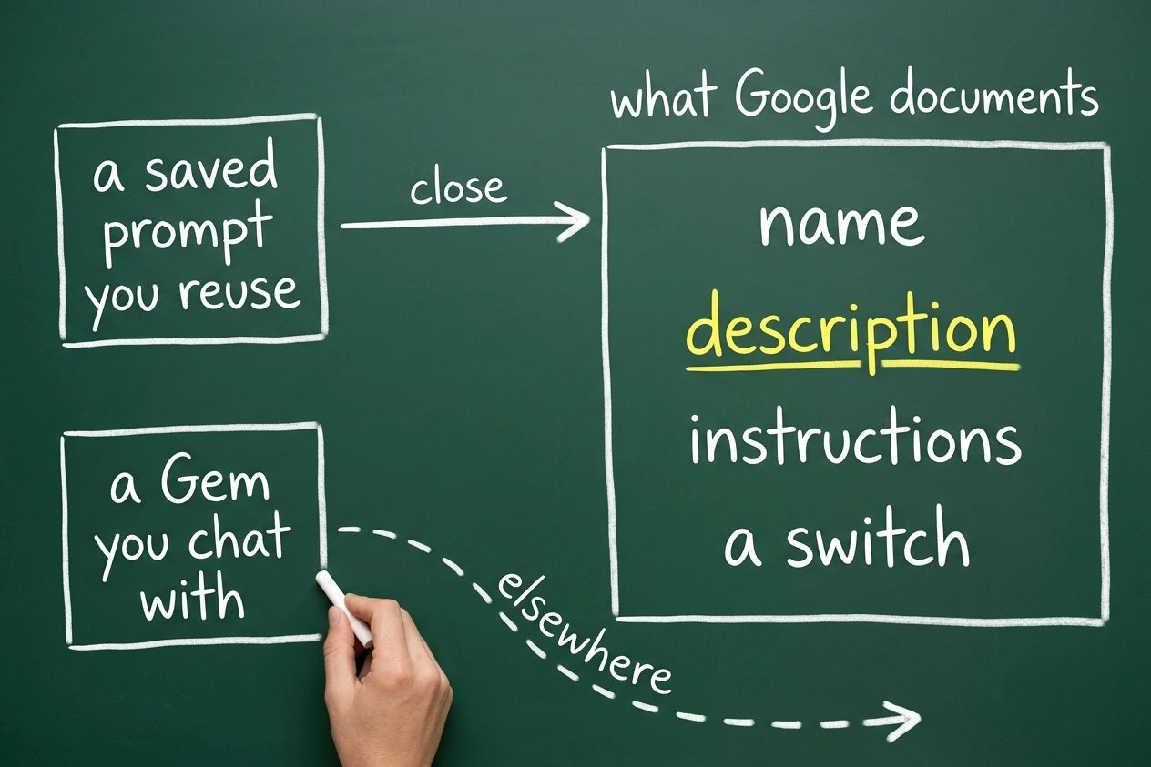 Two chalk cards on a green chalkboard, one reading a saved prompt you reuse and one reading a Gem you chat with. A solid arrow labelled close runs from the first into a panel headed what Google documents, listing name, description, instructions and a switch, with description circled in yellow. A dashed arrow labelled elsewhere curves away from the Gem card.