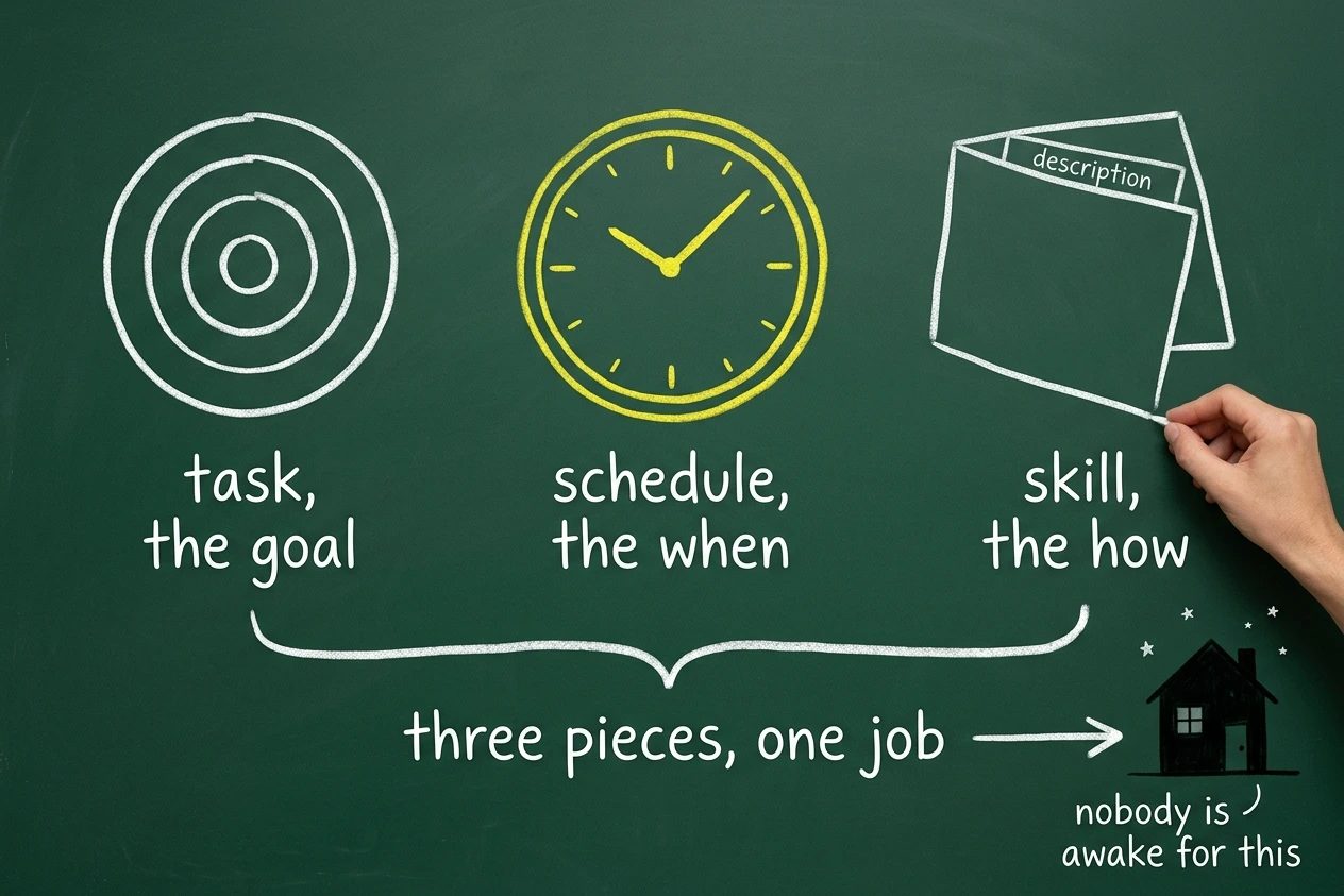 Three chalk shapes in a row on a green chalkboard. A target labelled task, the goal. A yellow clock labelled schedule, the when. A folded card with a description strip labelled skill, the how. A brace gathers all three under the words three pieces, one job, with an arrow pointing to a dark house captioned nobody is awake for this.
