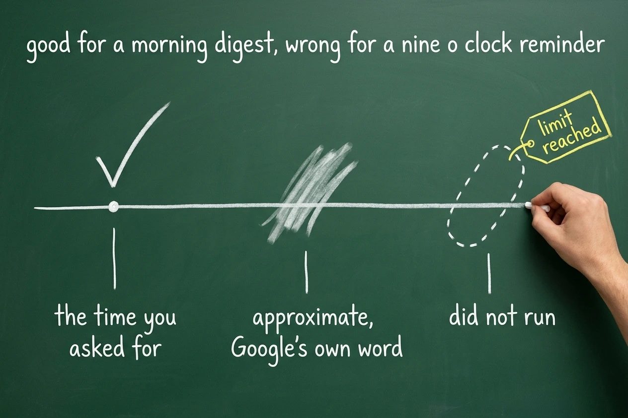 A chalk timeline on a green chalkboard with three states. A crisp tick labelled the time you asked for, a smeared band labelled approximate, Google's own word, and a hollow dashed outline labelled did not run carrying a yellow tag reading limit reached. Above runs the line good for a morning digest, wrong for a nine o clock reminder.