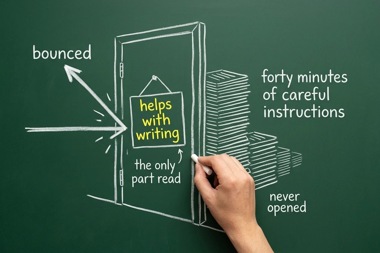 A closed chalk doorway with a small yellow tag hanging on it reading helps with writing, marked the only part read. An arrow strikes the door and deflects away, labelled bounced. Behind the door sit tall stacks labelled forty minutes of careful instructions and never opened.