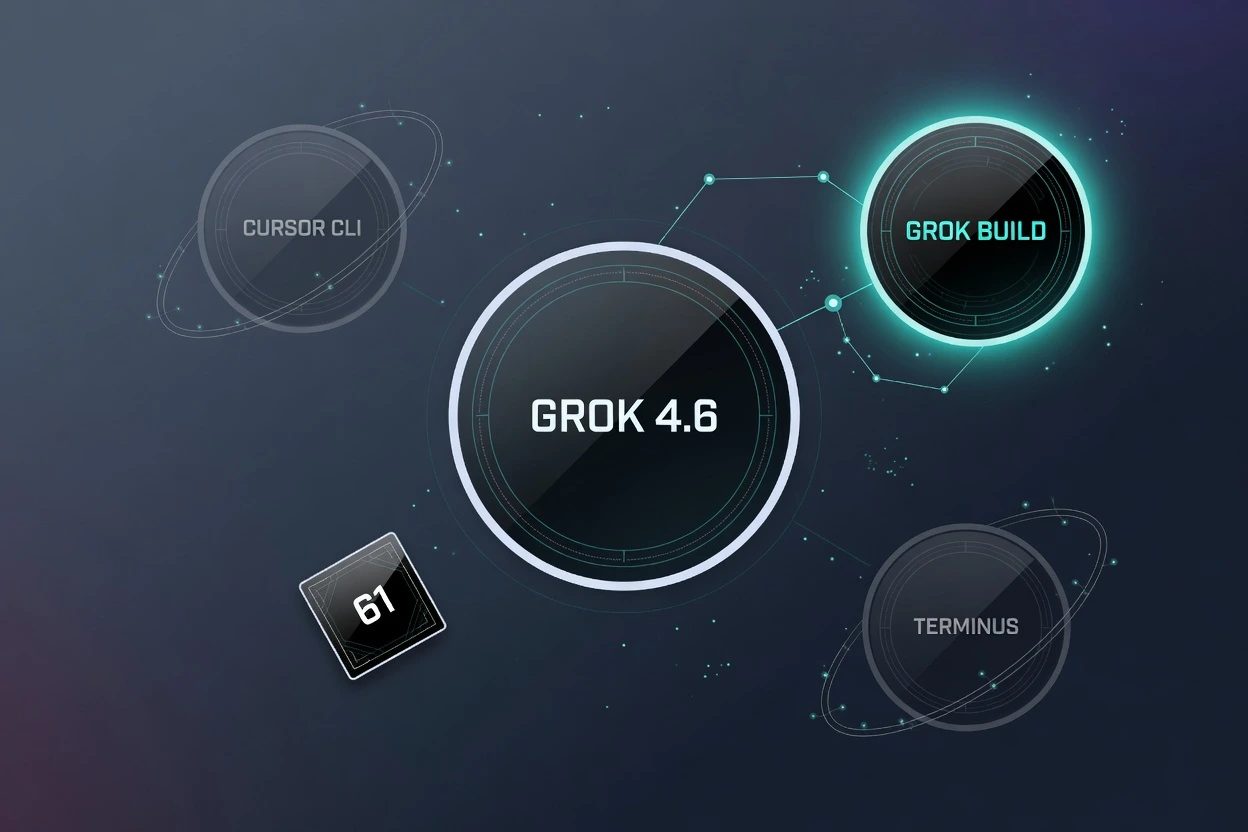 A slate HUD hub with GROK 4.6 at the center, GROK BUILD lit, CURSOR CLI and TERMINUS dim, and a unused 61 tile at the edge