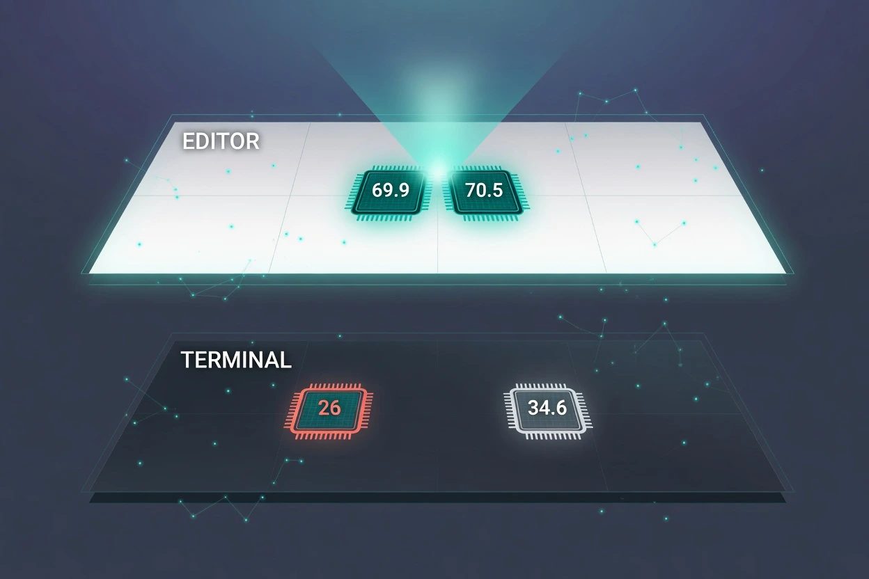 A slate HUD with close editor chips 69.9 and 70.5 on the left and a wide gap between 26 and 34.6 on a terminal card to the right