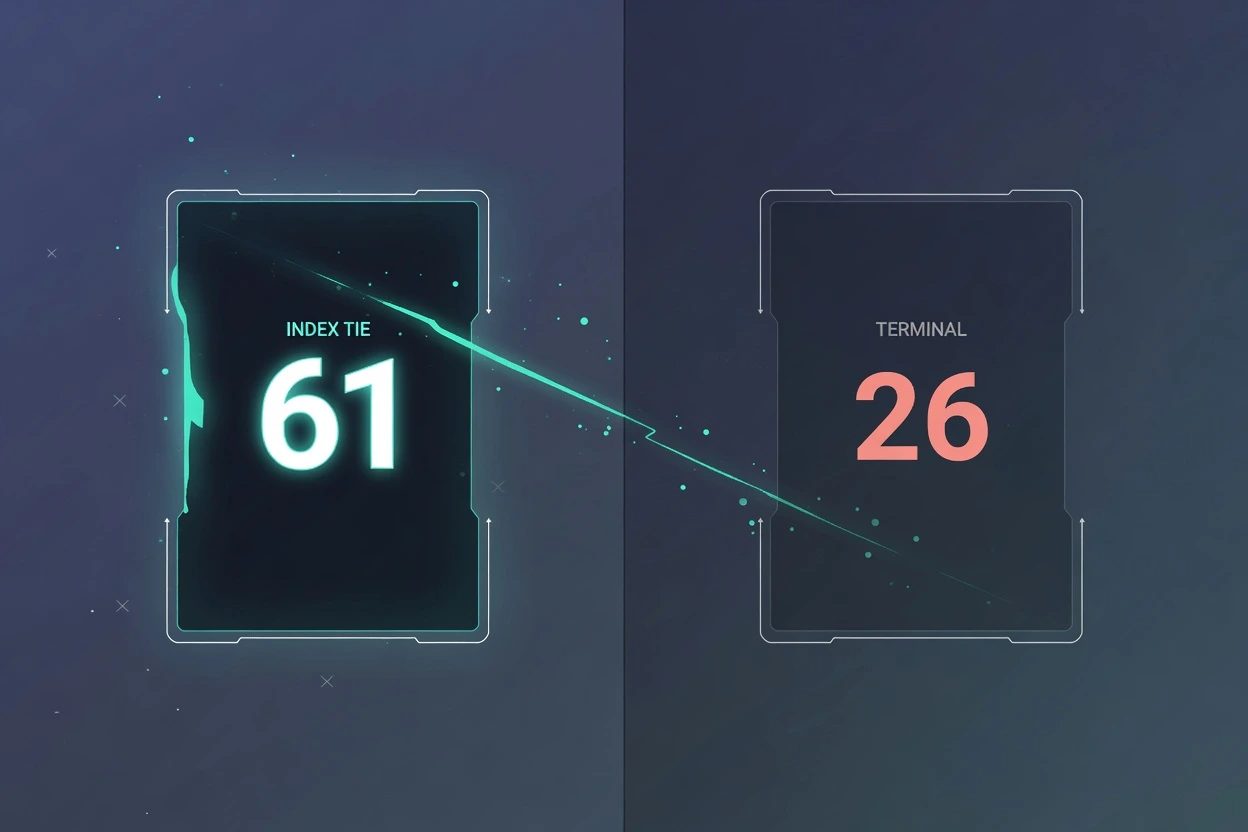 A slate HUD split with a lit glass card marked 61 INDEX TIE on the left and a dim coral card marked 26 TERMINAL on the right