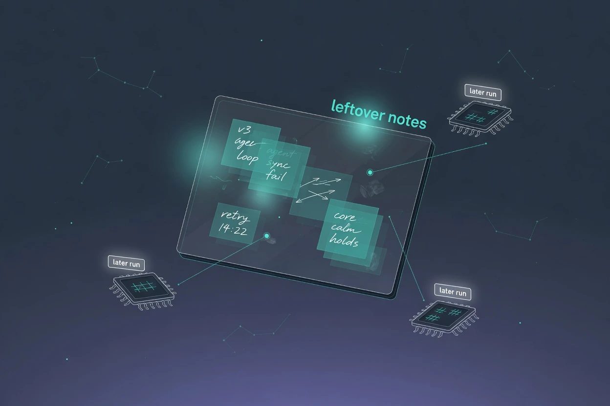 A lit glass board labeled leftover notes in the center, with three dim agent chips from later runs still reading it.